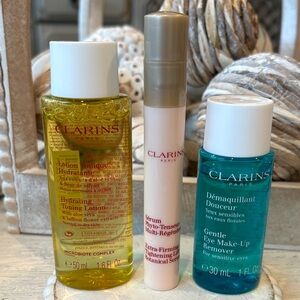 Clarins Bundle - Eye Make-Up Remover, Toning Lotion, Tightening Botanical Serum